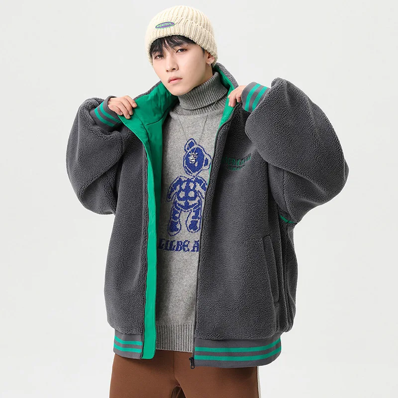 Winter Jackets Imitation Lamb Wool High Collar Thickened Warm Jacket Men Korean Fashion Contrast Color Loose Cotton Coat Parkas