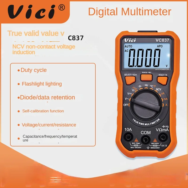 Vici VC837 Digital Multimeter DMM True RMS 3 5/6 Auto Range Capacitance Resistance NCV Frequency Duty Cycle Data Hold Function