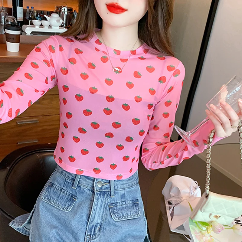 

Printed Strawberry See Through Mesh T-shirts Girls O Neck Long Sleeve Transparent Pink TShirt Crop Tops For Womn