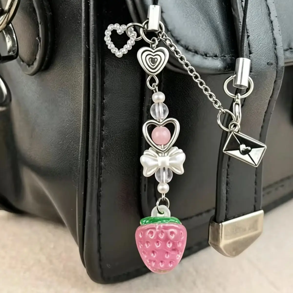 Adorable Strawberry & Cherry Phone Charm with Heart Bow Beads and Guitar Pendant