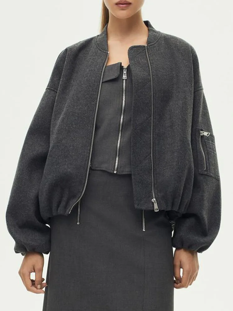 

Zach AiIsa new women's counter quality versatile round neck long sleeves zipper pockets loose casual bomber jacket