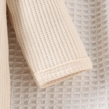 2PCS Autumn New Style 0-1 Year Old Girl Baby Sweet And Cute Solid Color Flying Sleeve Waffle Long-Sleeved Jumpsuit + Hair Band 5