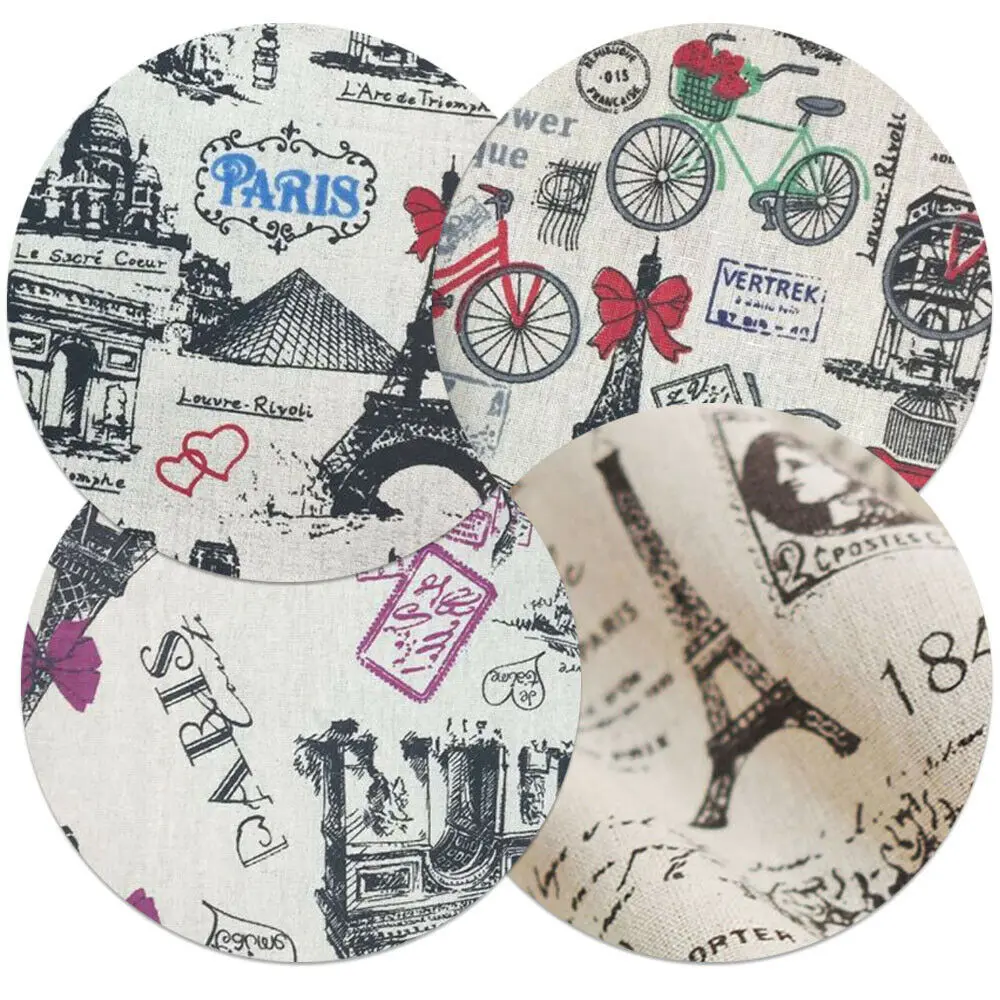 Purple Red Bow Bicycle Crown Eiffel Tower Retro Printed Cotton Linen Fabric Diy Sofa Tablecloth Cushion Pillow Materials