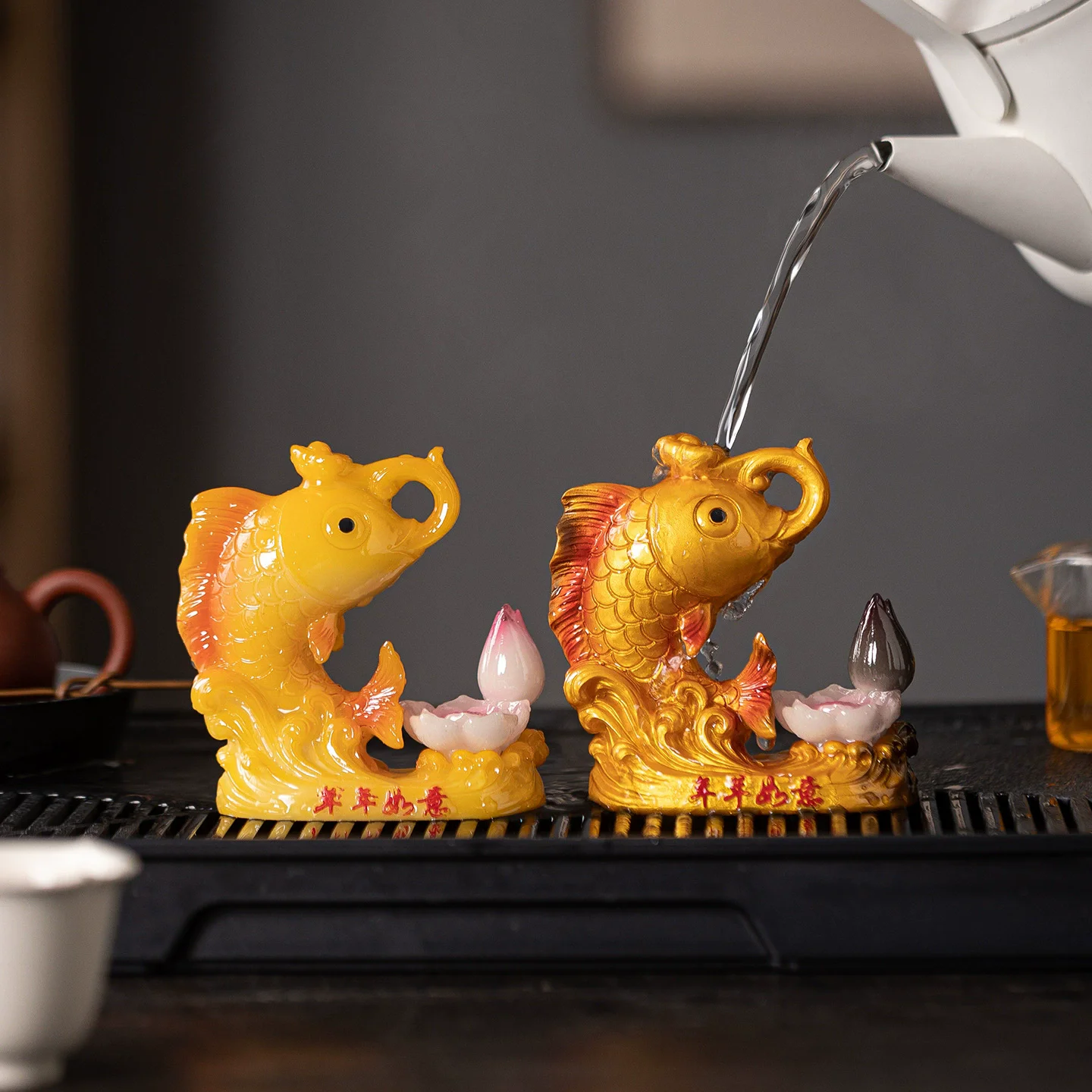 Color Changing Koi & Goldfish Tea Pet, "Yearly Luck" Ceramic Ornament for Tea Table, Raisable Tea Art Decor, Gift for Tea Lovers