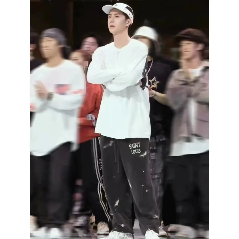 Wang Yibo's Same American High Street Fat Plus Size Splashing Ink Wash Feet Guard Pants for Men's Instagram