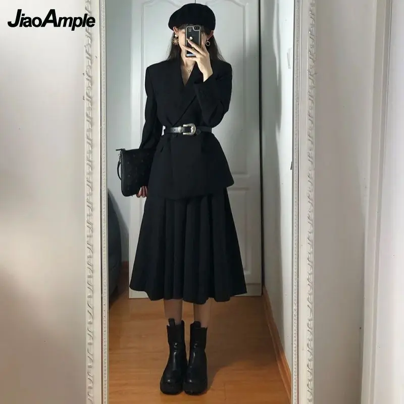 

2022 Women's Spring Autumn Fashion Black Blazer Skirts Two Piece Dress Set Korean Office Lady Graceful Slim Suit Jacket Outfits