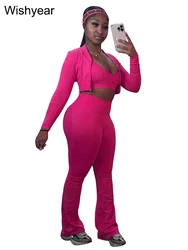 Chic Three - Piece Women's Activewear Set - Long Sleeve Crop Top, Tank, and Flare Pants - S (Pink sets)