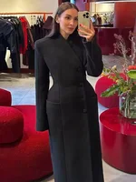 HH femme hiver mode simple boutonnage manches longues taille Long manteau femme col montant poches chaud solide laine manteau 2