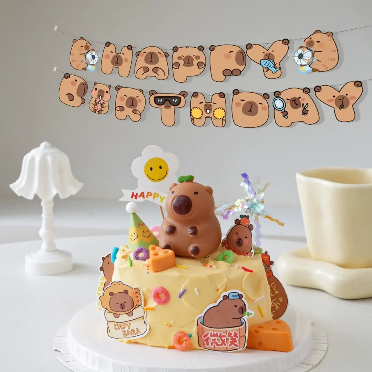Cartoon INS Animal Capybara Happy Birthday Banner Hanging Garland Background 1set for Kids Birthday Baby Shower Party Decoration birthday banner party decorations