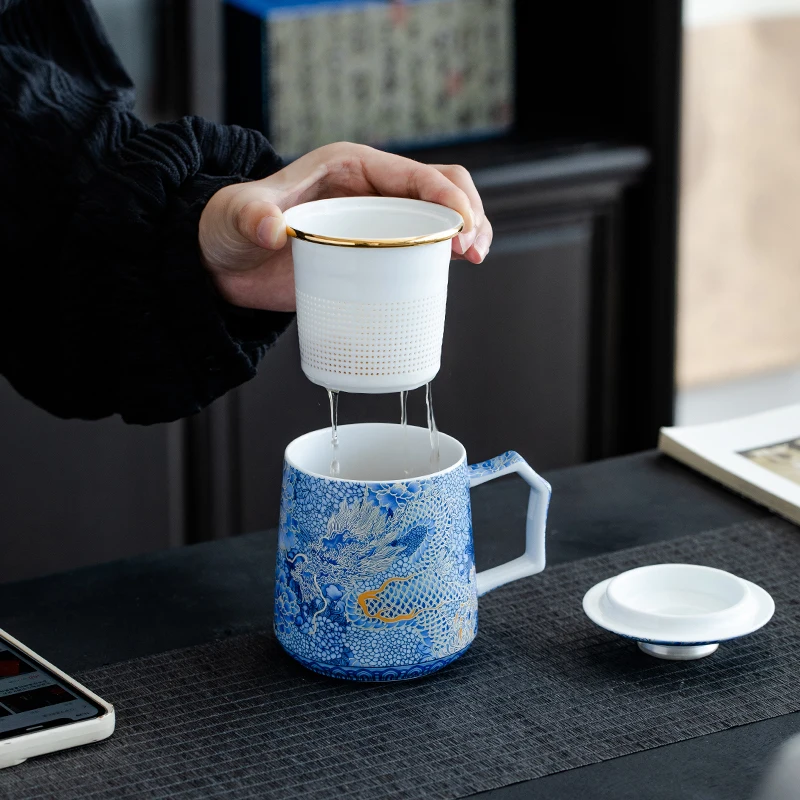 Chinese Style Ceramic Blue Flower Silver Dragon Pattern Mug, Creative Teacup With Cover Filtered Tea Water Separation 350ml, 1Pc