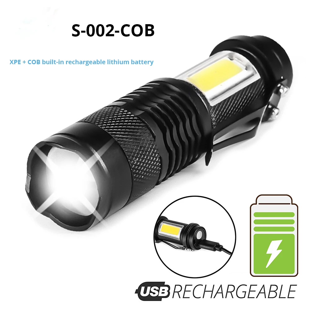 

Outdoor Camping Mini LED Flashlight Rechargeable LED lights using XPE + COB lamp beads 100m lighting distance for expeditions