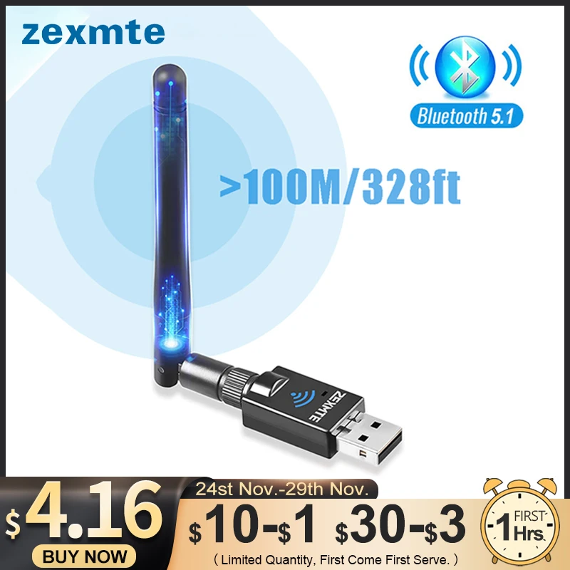 Zexmte 100M USB Bluetooth Adapter Bluetooth 5.1 Transmitter 328ft Wireless Bluetooth Audio Receiver USB Dongle For PC Computer