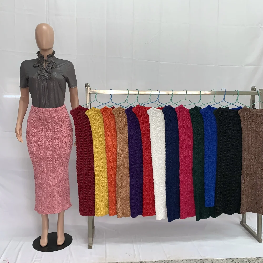 2024 Spring Summer Women New Type Knitted Long Muslim Fashion High Waist Pastel Midi Plus Size Casual Pencil Skirts 202048#