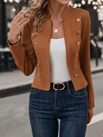 Women Jacket Stand Collar Long Sleeve Double Breasted Short Suit Coat Solid Color Business Outerwear - Image 4