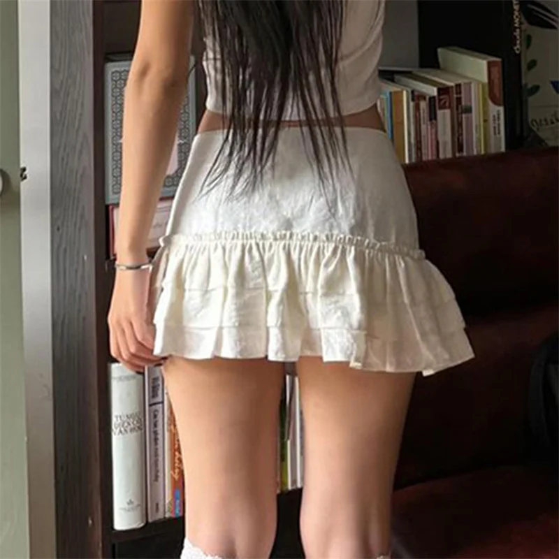 y2k Lolita Skirt 2000s Women Solid Color Cross Tie Up Low Waist A Line Pleated Mini Skirt Fairycore Skirts Streetwear