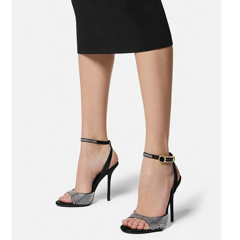 2024 Summer New European  American High Heel Shoes Women's Sexy Super High Heel Hot Diamond Slim  Fish Mouth Sandals One Button