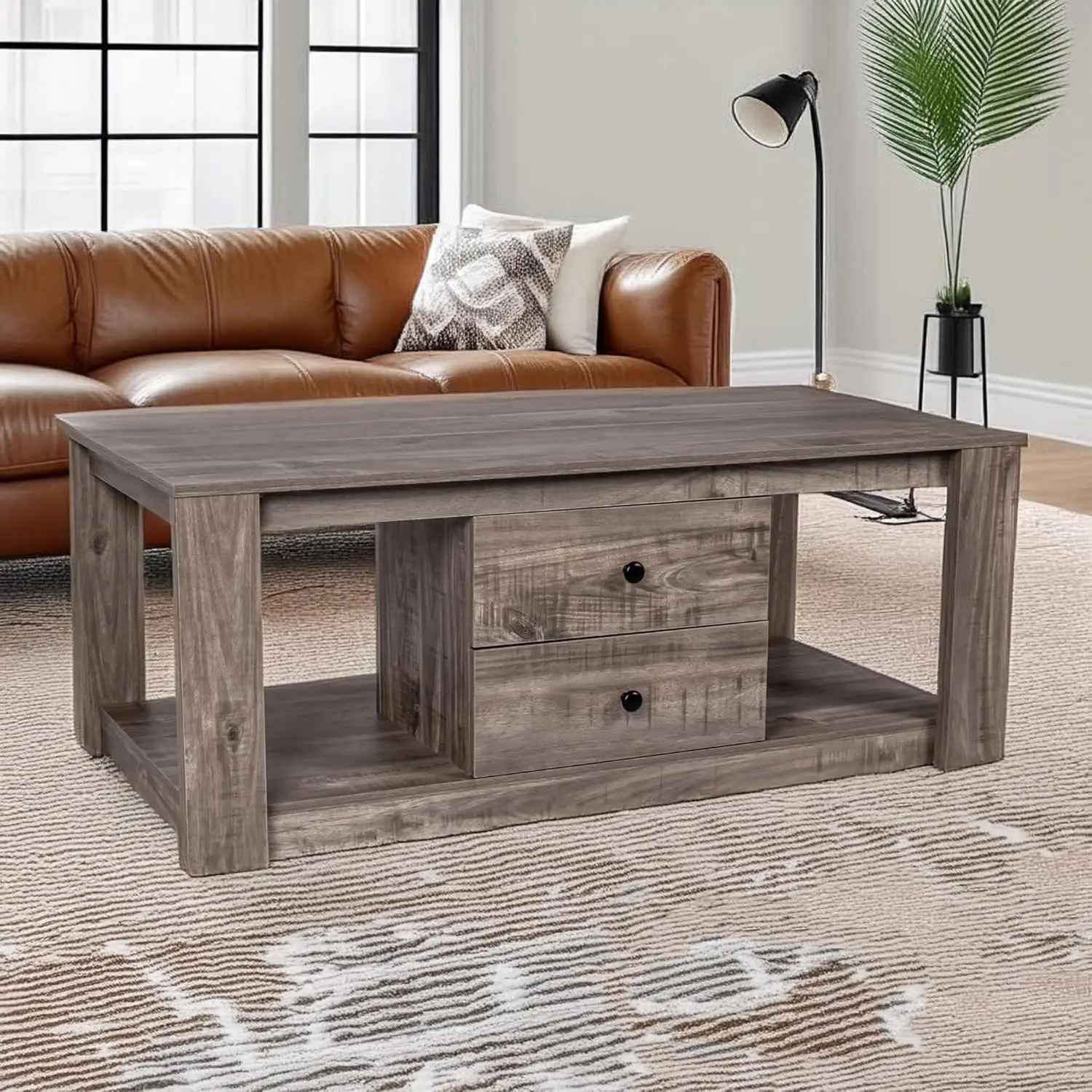 Coffee Table,Modern Wooden Rectangle Coffee Tables with Storage,2 Drawer Center Table for Living Room,Drifted Gray