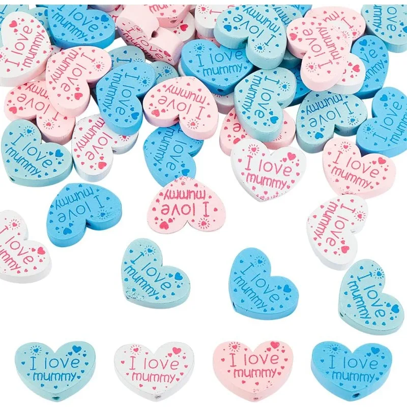 어머니의 날 나무 비즈, 30mm 나무 하트 비즈, I Love Mummy 나무 공예 비즈, 하트 스페이서, 40 개, 4 색