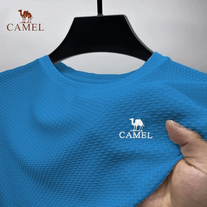 

New Men's Embroidered CAMEL Ice Silk Round Neck T-shirt Summer Luxury Fashion Leisure Breathable Cool Smooth Short Sleeved Top