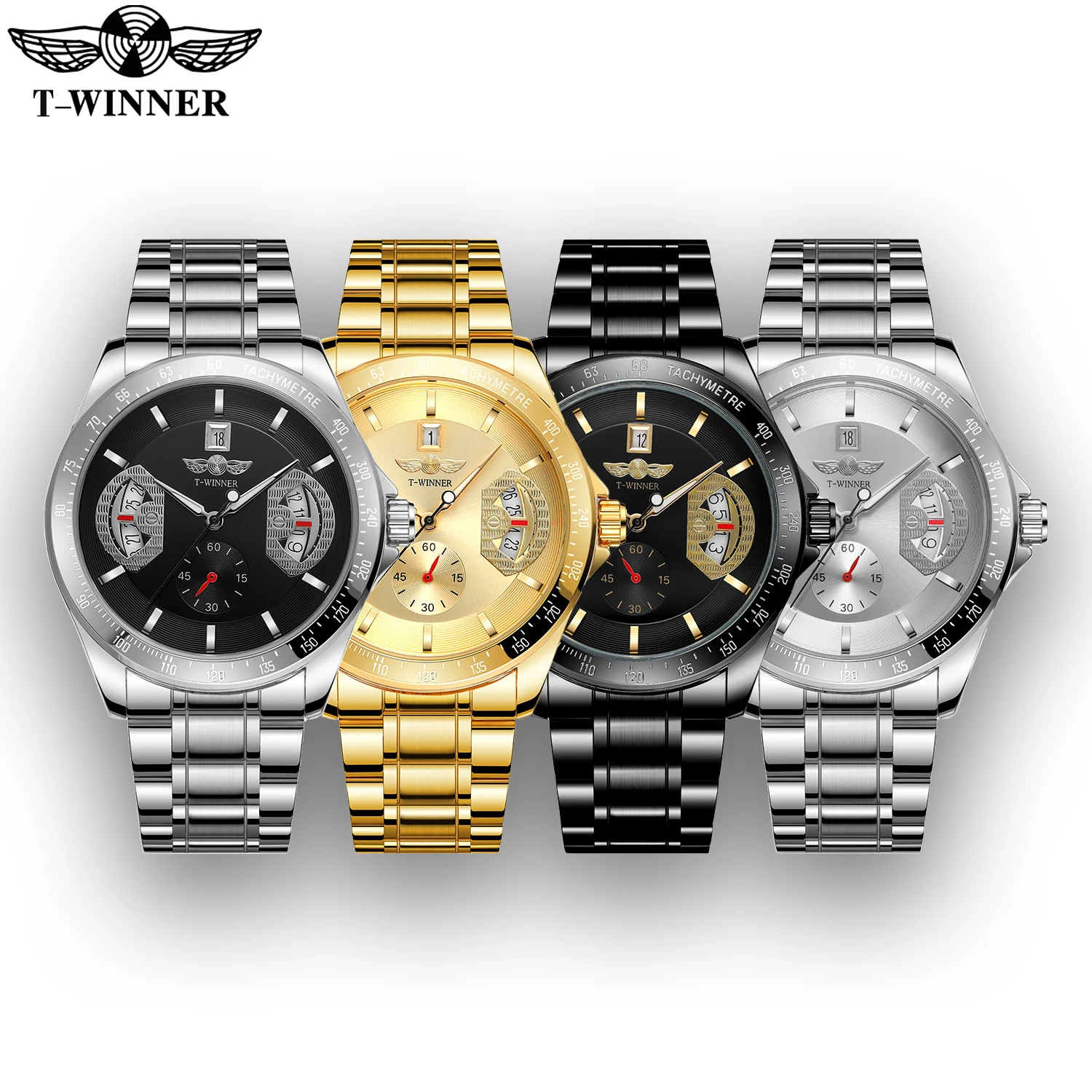 T-winner Men's Automatic Mechanical Watch 42mm Stainless Steel Strap Date Display Luminous Hands Waterproof Casual Fashion Gifts