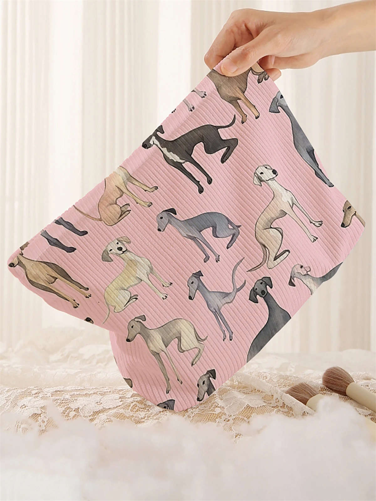 1 cartoon dog pattern printed corduroy makeup bag, lightweight zipper makeup storage box, multifunctional bag with lining