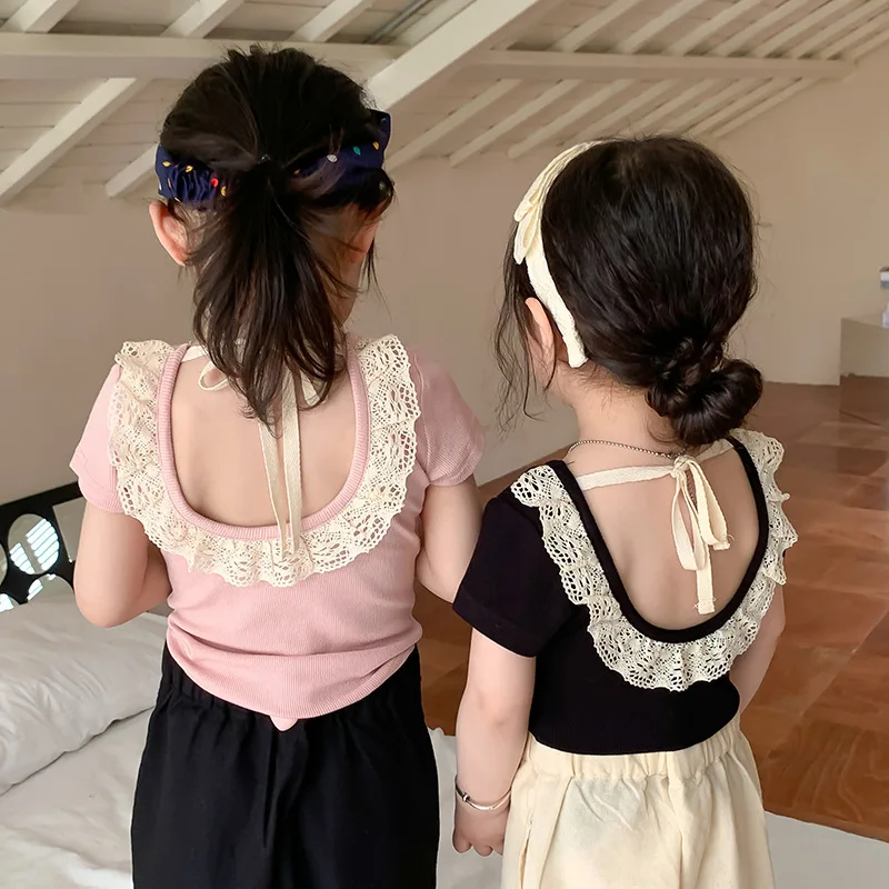 

Girls T-Shirt Backless Lace Short-Sleeved Top Baby Kids Bottoming Shirt 2024 Summer New Cute Children'S Clothing