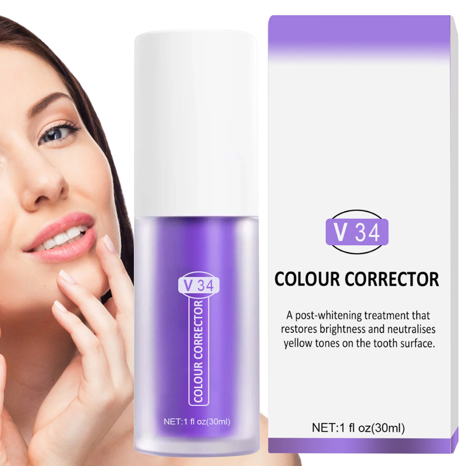 

drop ship 2pcs Purple V34 Color toothpaste 30ml Plaque Stains Toothpaste Tooth Corrector Teeth Whitening Serum toothpaste