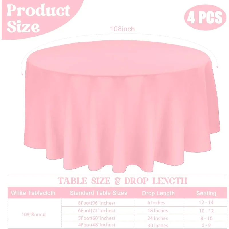 4 Pack Round Tablecloth 108 Inch Polyester Round Table Cloth Pink Tablecloths for Tables Washable Fabric Table Covers for