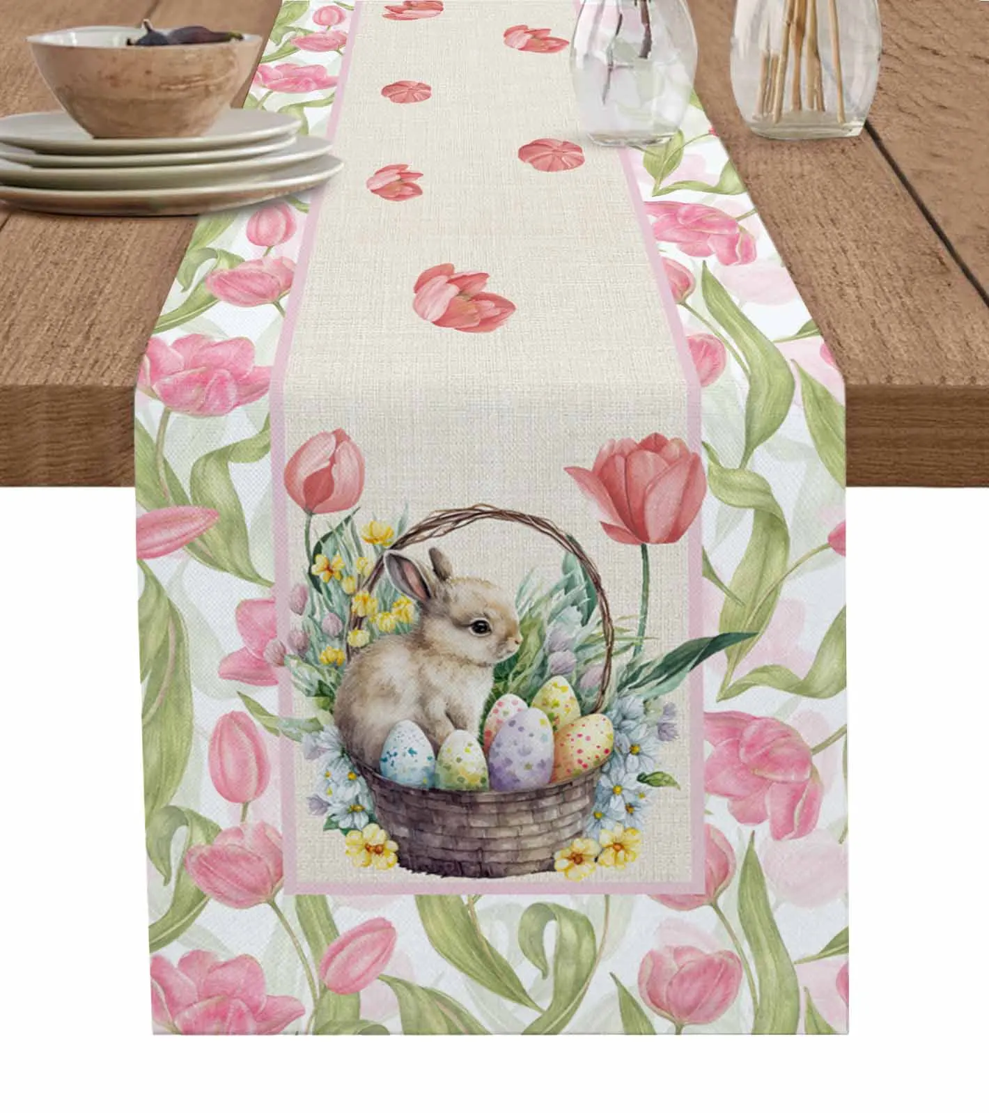 

Flower Rabbit Tulip Watercolor Spring Easter Linen Table Runner Kitchen Table Decoration Dining Tablecloth Wedding Party Decor