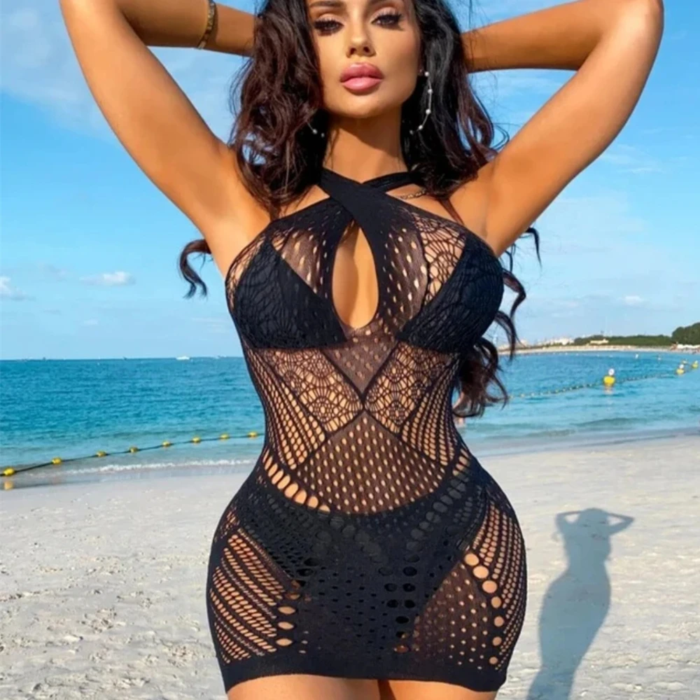 One-piece Fishing Net Bodycon Dress Sleeveless Women's Mesh Skirt Sexy Hollow Out See Through Nightwear Night Club Erotic Wear 4