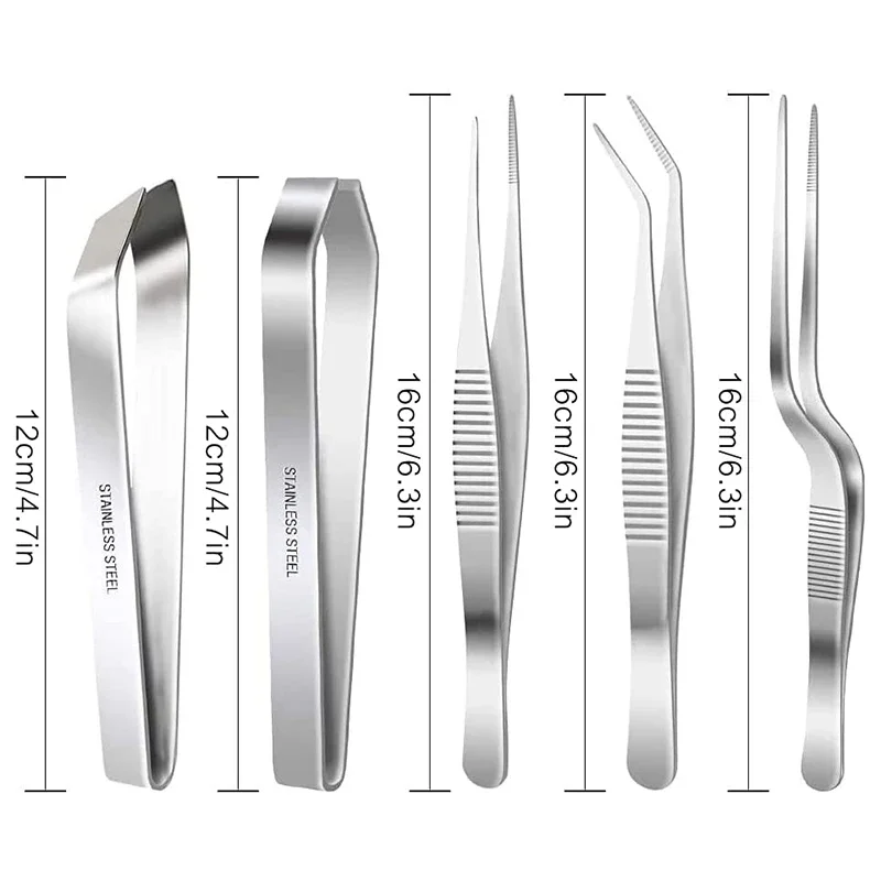 Food Tongs 5 Pack Precision Tweezers Set Stainless Steel Cooking Tongs Serrated Tips Flat Slant Fish Bone Pliers DIY Styling Medical Beauty