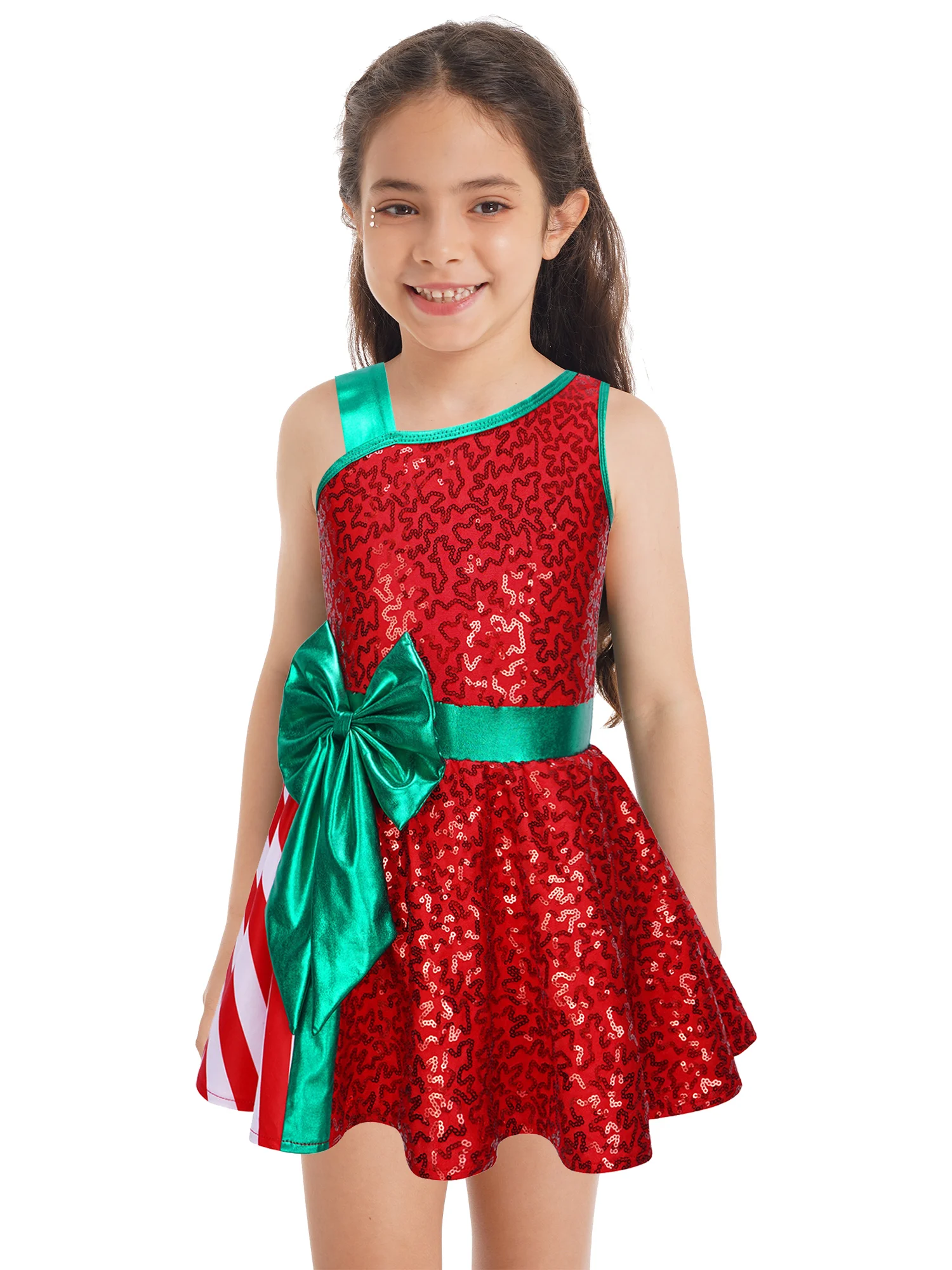 

Детское рождественское платье для девочек, блестящий комбинезон без рукавов с блестками, лоскутное платье-пачка в полоску с бантом, костюмы на Рождество, карнавал, вечеринку, Санта