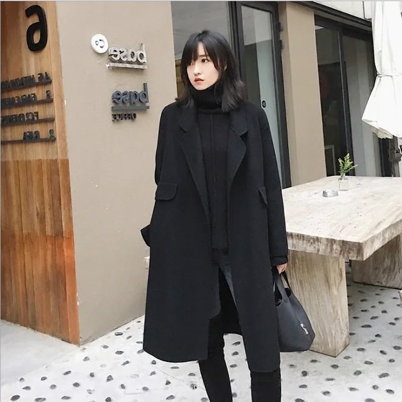 Fashion Double Sided Cashmere Wool Coats Women Lapel Solid Color Knee-Length Long Outwears Warm Thick Autumn Winter Overwears