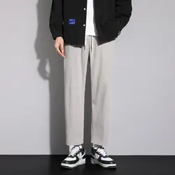 Summer New Korean Trendy Loose Versatile Casual Straight Pants Men Solid Elastic Waist Drawstring Pocket Thin Wide Leg Trousers