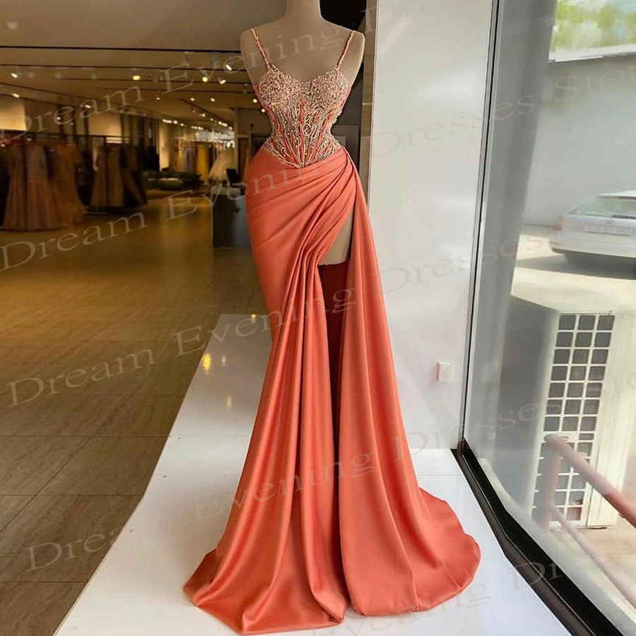 

2024 Charming Orange Women's Mermaid Sexy Evening Dresses Popular Spaghetti Straps Beaded Prom Gowns Side Split Vestido Festa