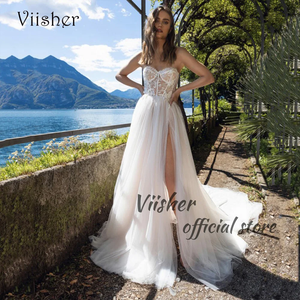 

Viisher Boho Wedding Dresses with Slit 3D Flower Tulle A Line Beach Bridal Gown Corset Sweetheart Long Wedding Bride Dress