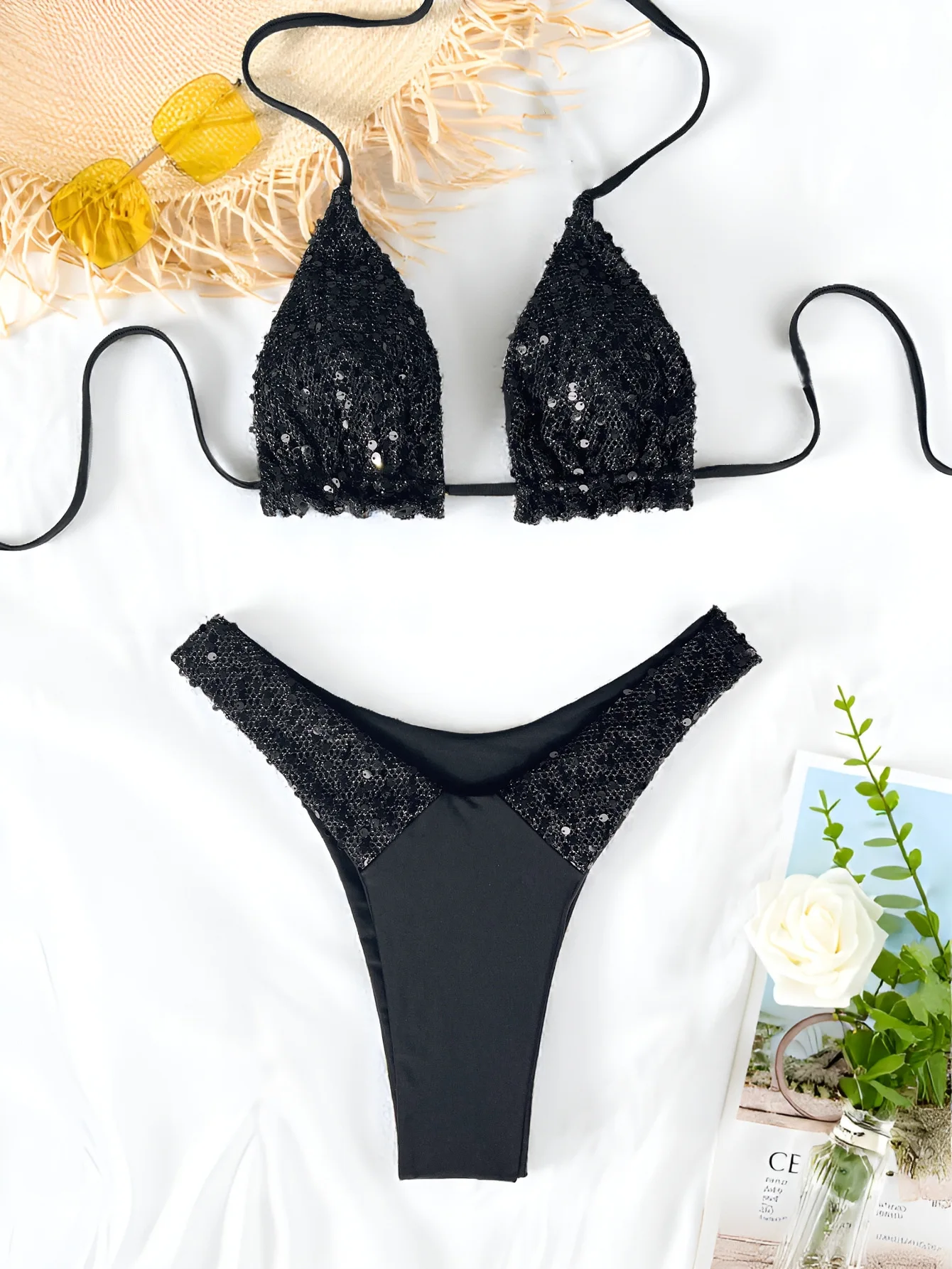 Black Sexy Bikini Women Swimsuit Bling Swimwear Feminine Bikinis Set Female Halter Trikini Bathing Suit Dropshipping