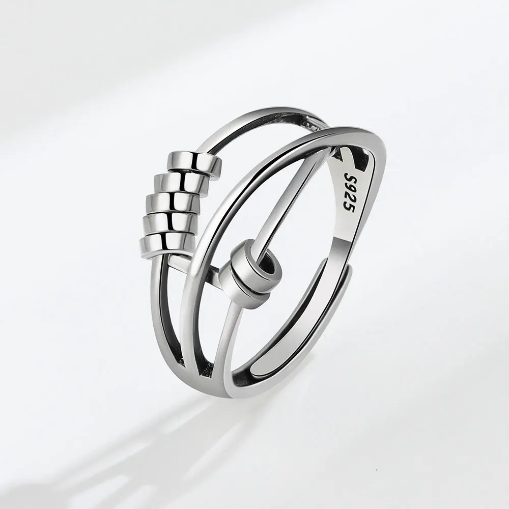 Vintage Round Beads Rotating Anti Stress Ring For Women Twisted Fidget Metal Spinner Anxiety Relief Spinning Ring Bague Femme