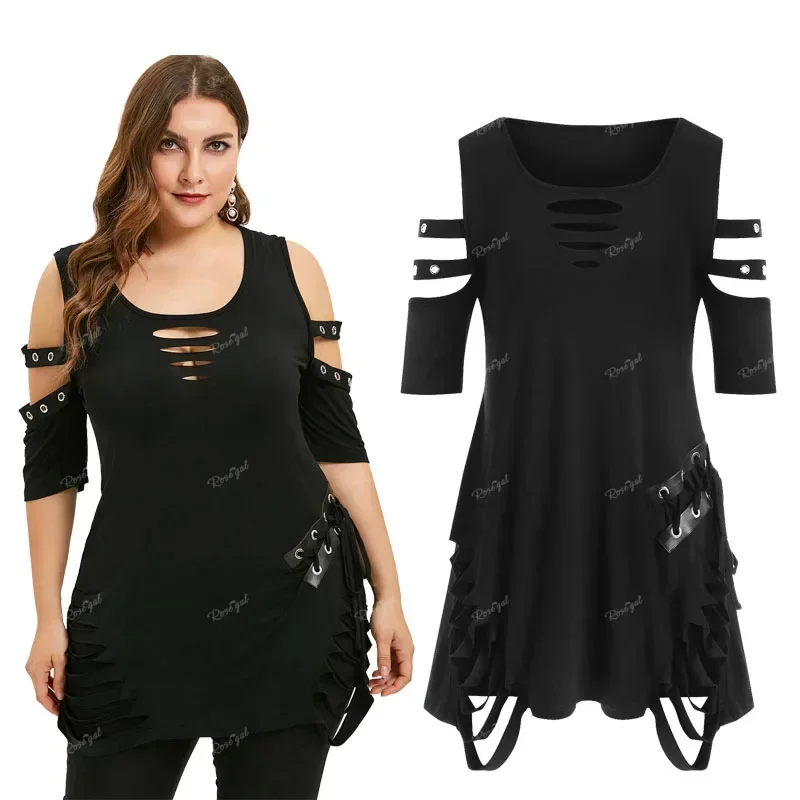 

ROSEGAL Plus Size Ripped Lace Up Cold Shoulder T-shirt Black Casual Round Neck High Stretch Clothing For Women Tops