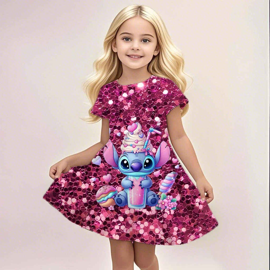 Potdemiel صيف جديد للأطفال ثلاثية الأبعاد مطبوعة غرزة لطيف فتاة قصيرة الأكمام فستان 3-14 سنة الاطفال أداء الملابس