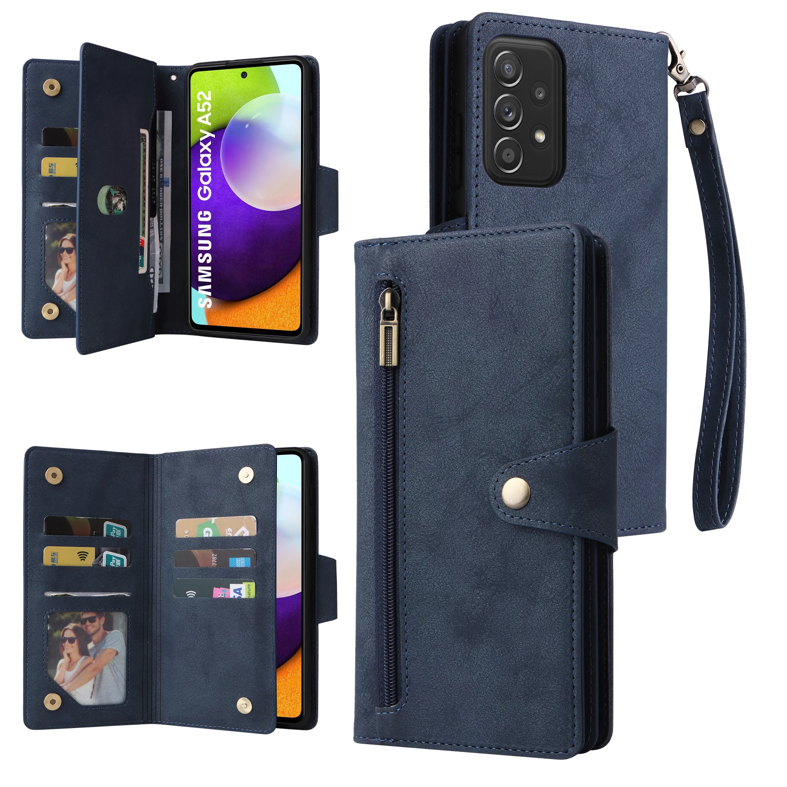 Premium Multi-Card Zipper Kickstand Magnetic Flip Leather Wallet Case
