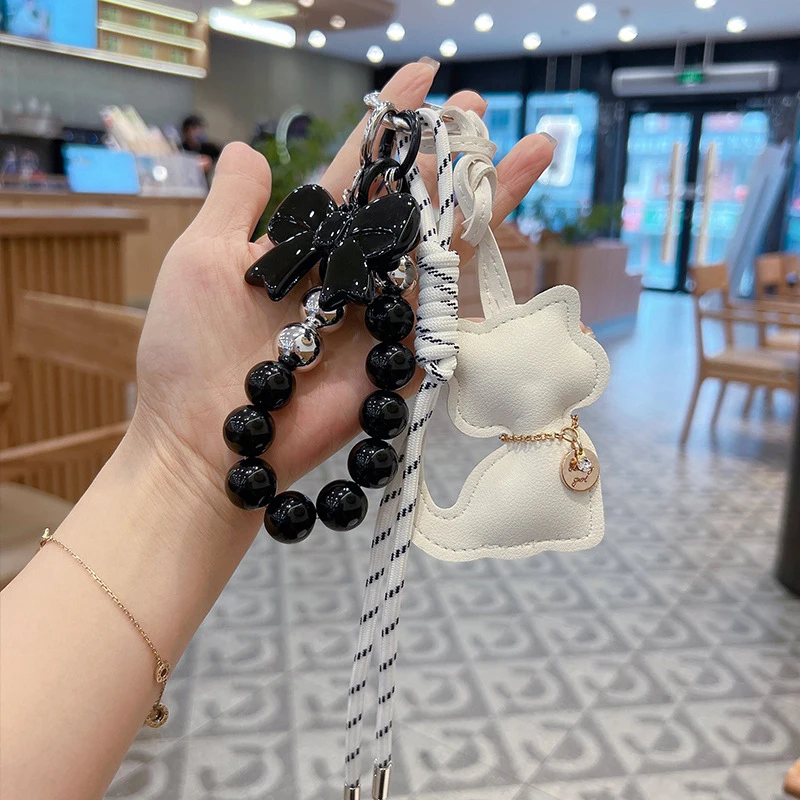 Fashion Beads Keychain Cute Cat Leather Charm Women Maximalist Bag Ornaments Accessories Braided Rope Keyring