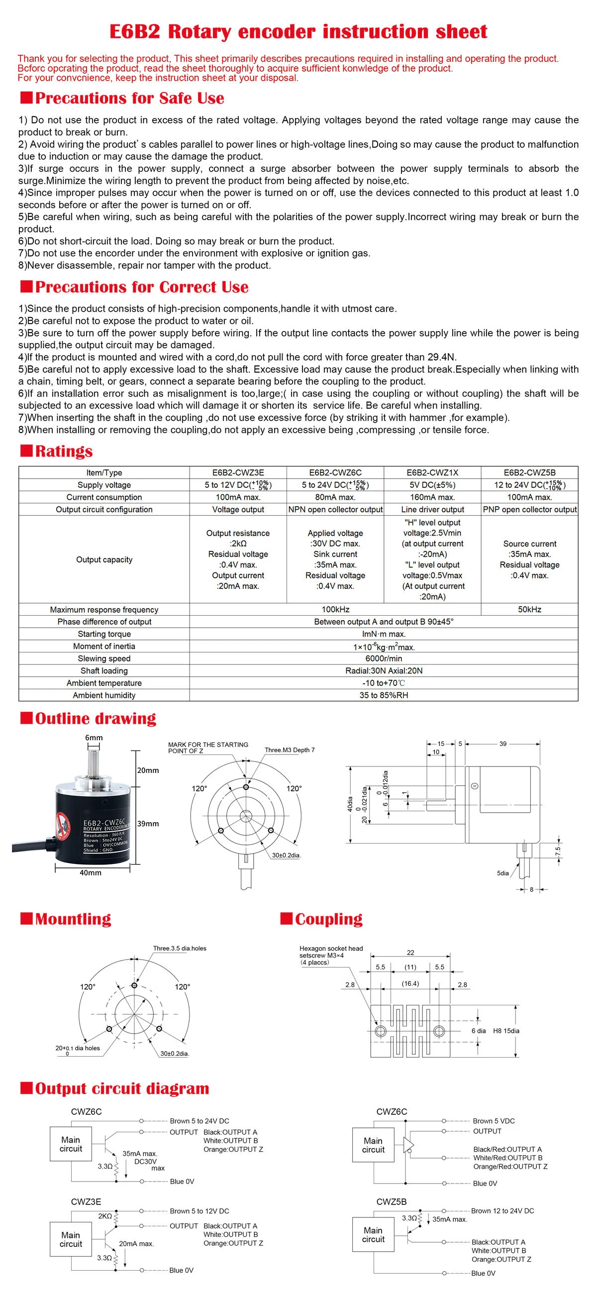 Description Picture 2 of item1 Pc E6B2C-WZ6C Rotary Encoder Rotational Incremental Type Rotary Switch Stable Pulse NPN 100-2000P/R DC 5-24V