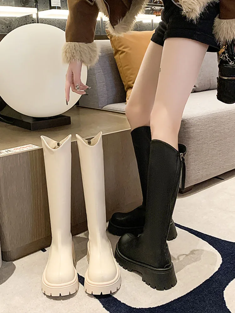 

Med Heel Boots Shoes Zipper Clogs Platform Round Toe Winter Footwear Over-the-Knee Autumn Lolita Rubber 2023 Ladies Short Plush