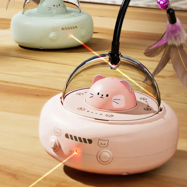 Interactive Cat Toy with Feathers & Laser, 360° Obstacle Avoidance, Auto Standby, USB Charging 1