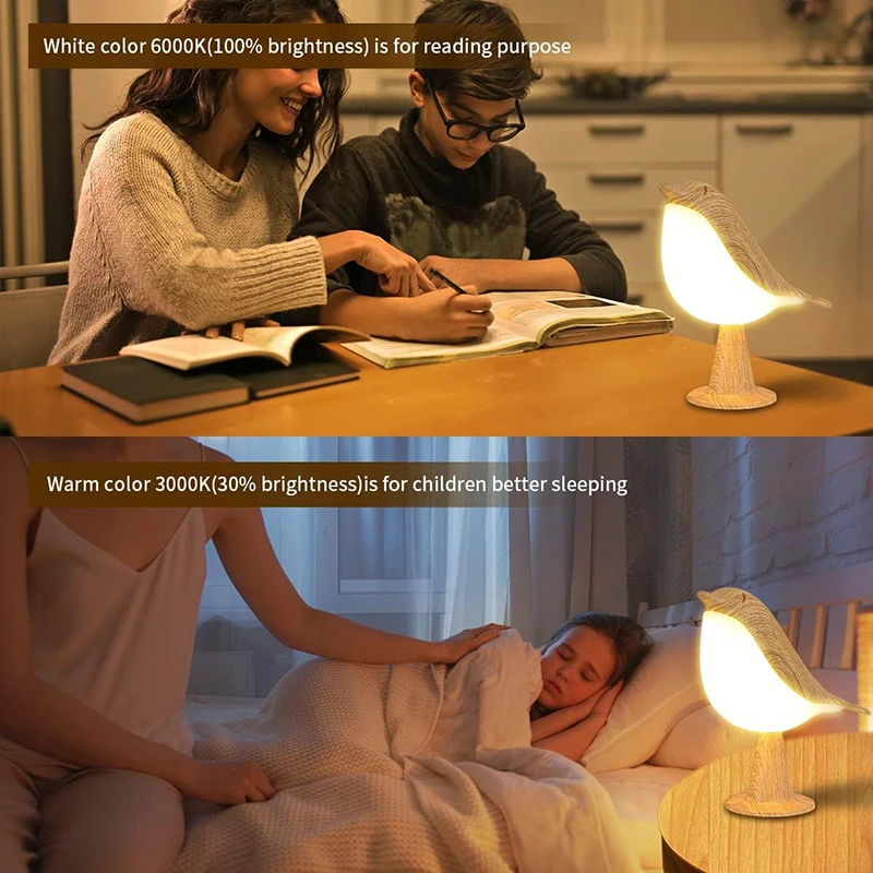 Rechargeable Wooden Bird Night Light with Touch Switch