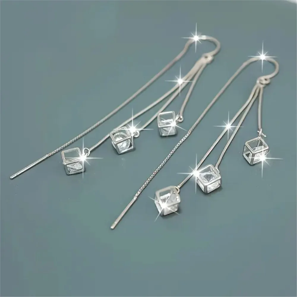 Silver Color Long Tassel Square Rhinestone Earring for Women Classic Style Durable Earrings Wedding Jewelry Gifts