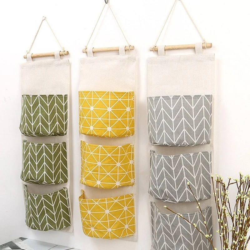 3 Pockets Cotton Linen Wall Hanging Storage Bags Door Pouch Bedroom
