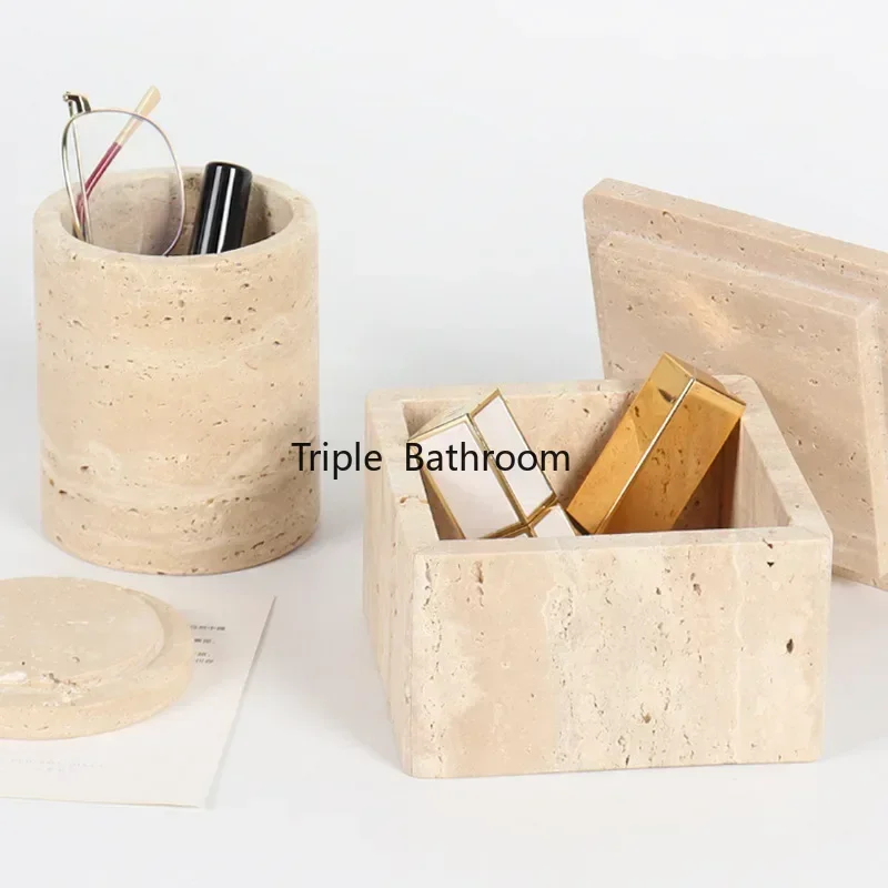 Decorative Travertine Storage Box for Jewelry Natural marble powder Bathroom Vanity Organizer Canister for Cotton Swabs 3
