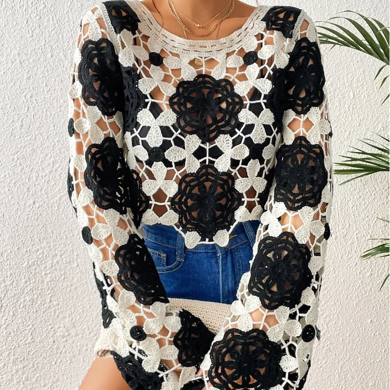 

Женский свободный топ с вырезами, трикотажный пуловер большого размера с цветочным принтом, модель K9005 на лето, 2024